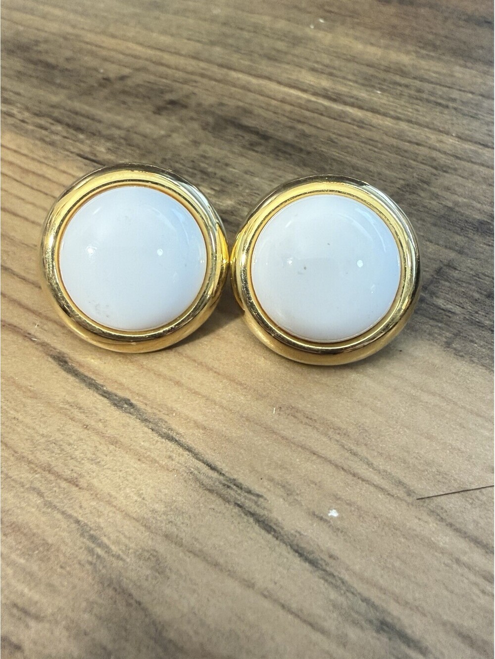 Monet White Domed Earrings Gold Tone Clip On Vintage Signed